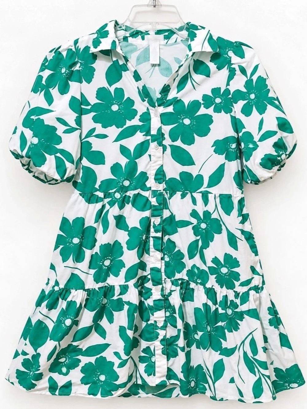 Red Dress As It Happens Green Floral Print Cotton Puff Sleeve Mini Dress